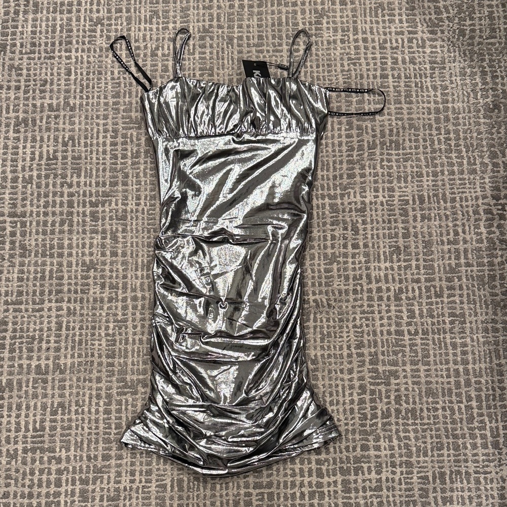 NWT Katie J NYC Ava Liquid Shimmer Dress Silver Junior size Small